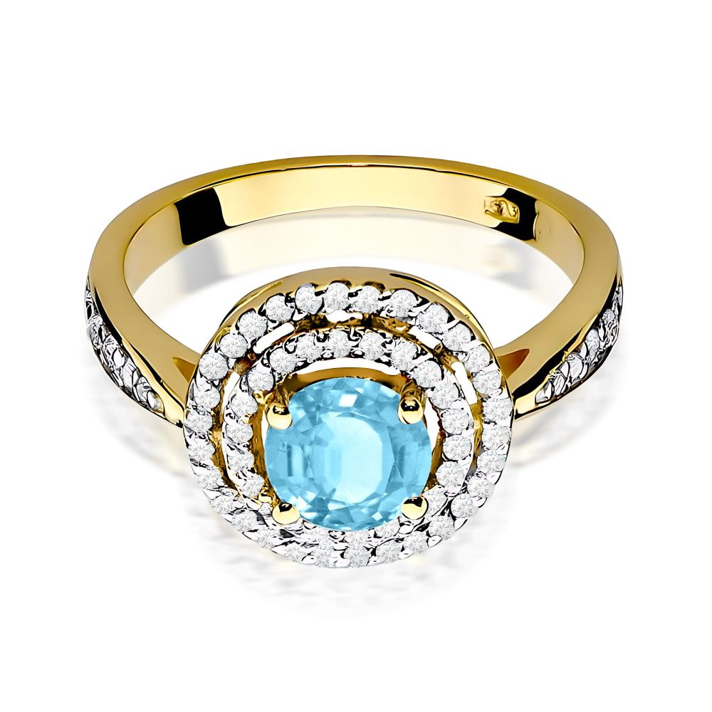 Pierścionek z topazem Swiss Blue 0,80 ct i brylantami, żółte złoto 585