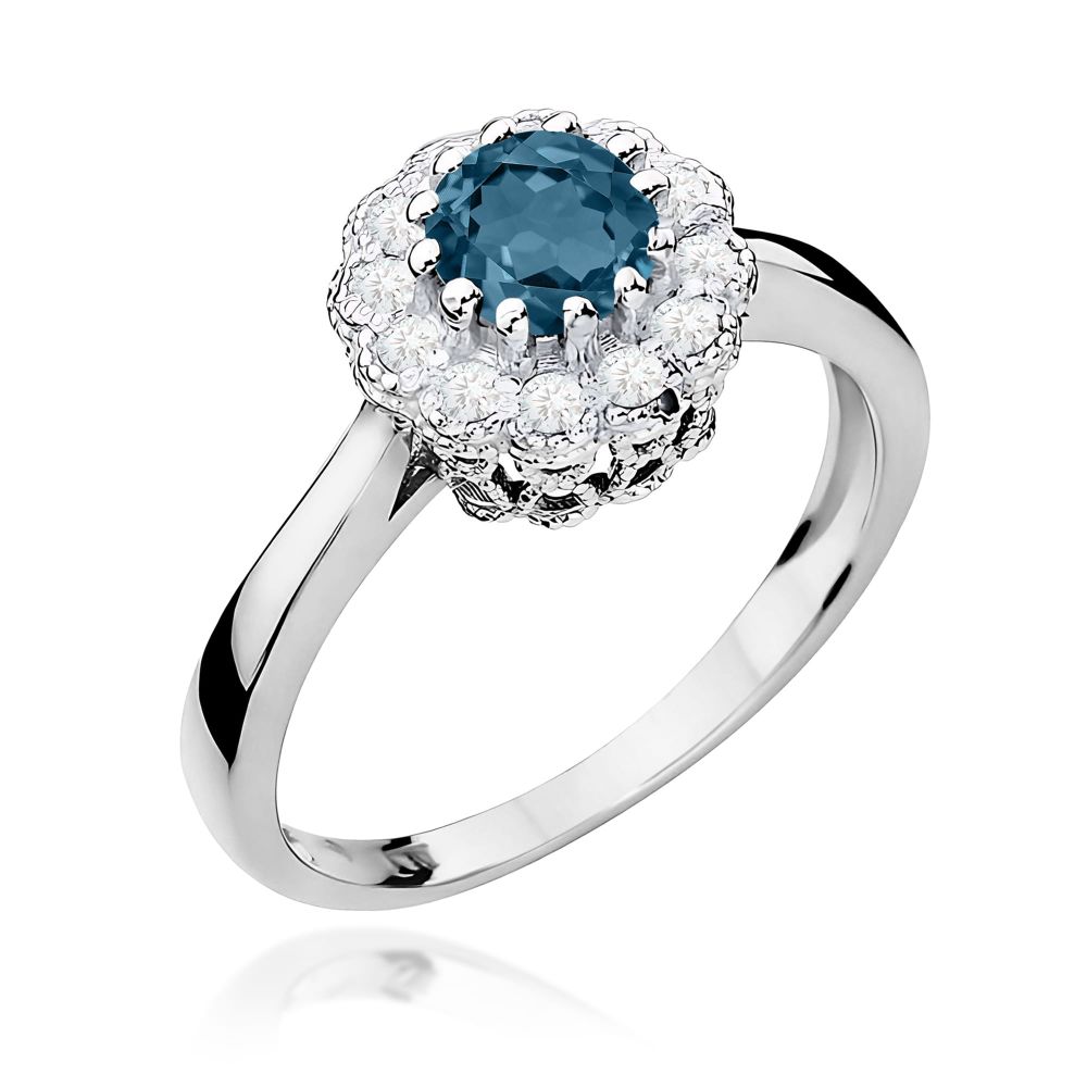 Pierścionek z topazem London Blue 0,50 ct i brylantami, białe złoto 585