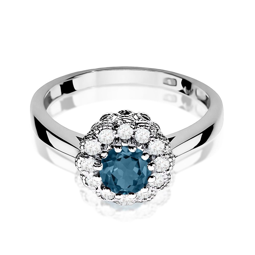Pierścionek z topazem London Blue 0,50 ct i brylantami, białe złoto 585