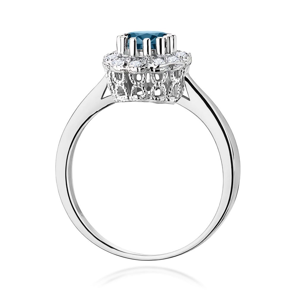 Pierścionek z topazem London Blue 0,50 ct i brylantami, białe złoto 585