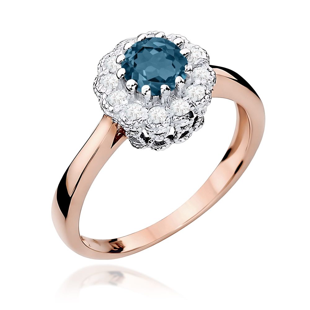 Pierścionek z topazem London Blue 0,50 ct i brylantami, różowe złoto 585