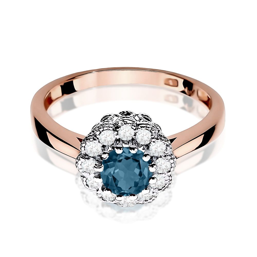 Pierścionek z topazem London Blue 0,50 ct i brylantami, różowe złoto 585