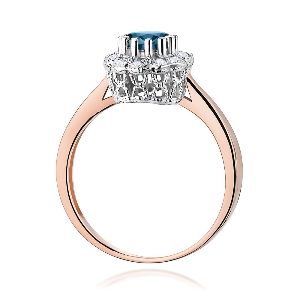Pierścionek z topazem London Blue 0,50 ct i brylantami, różowe złoto 585