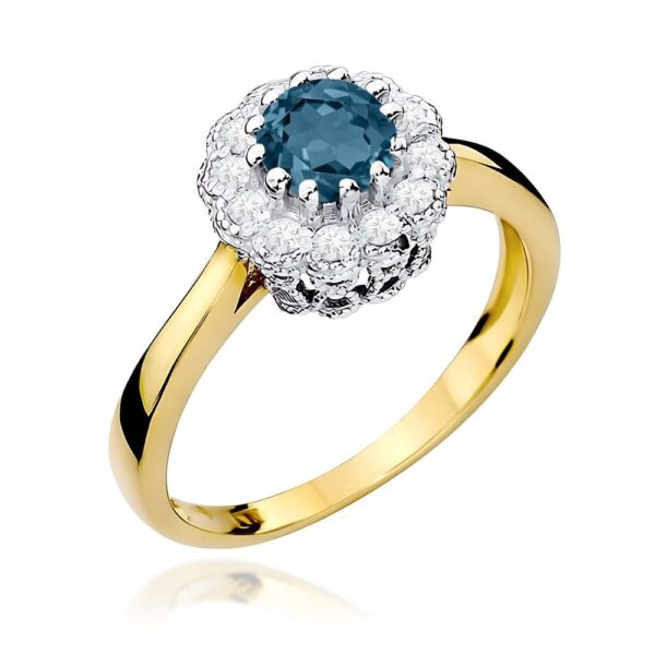 Pierścionek z topazem London Blue 0,50 ct i brylantami, żółte złoto 585