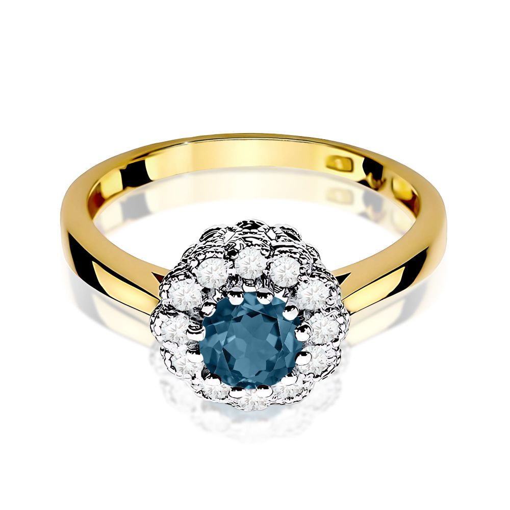 Pierścionek z topazem London Blue 0,50 ct i brylantami, żółte złoto 585