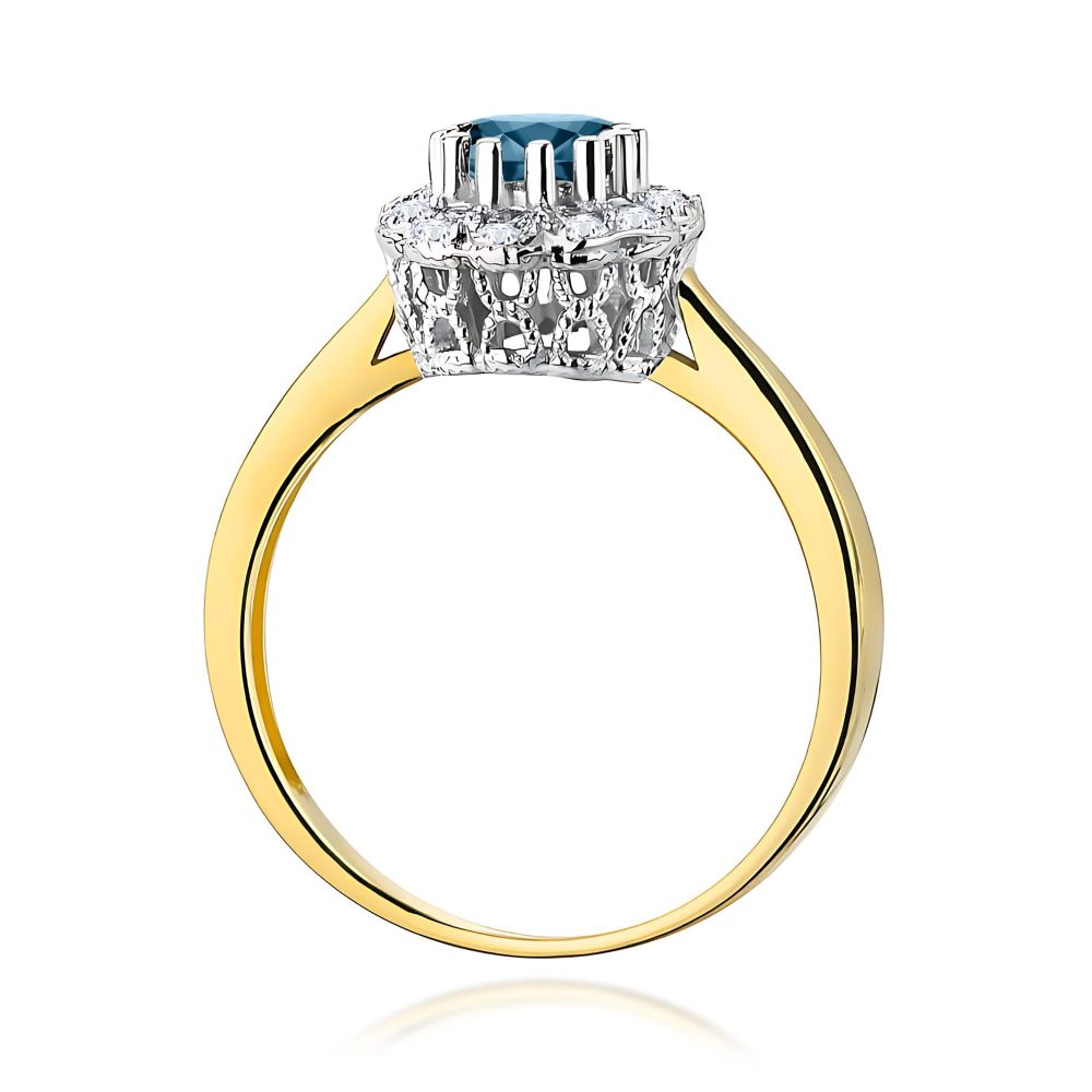 Pierścionek z topazem London Blue 0,50 ct i brylantami, żółte złoto 585