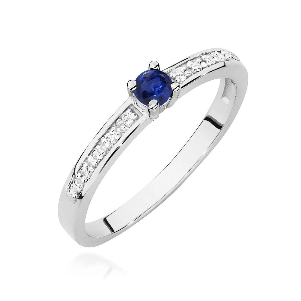 Pierścionek ze szafirem 0,15 ct i brylantami, białe złoto 585