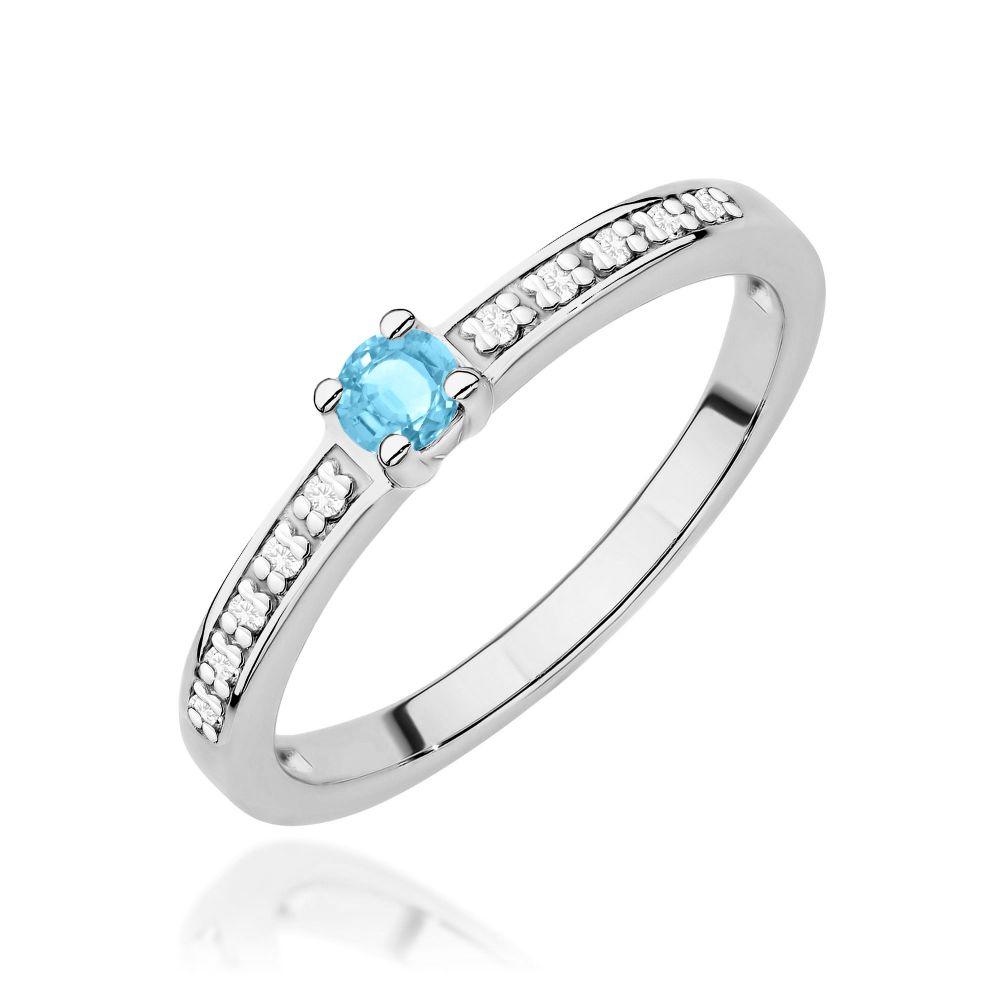 Pierścionek z topazem Swiss Blue 0,15 ct i brylantami, białe złoto 585