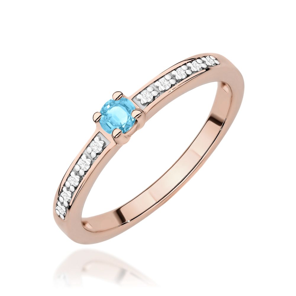 Pierścionek z topazem Swiss Blue 0,15 ct i brylantami, różowe złoto 585
