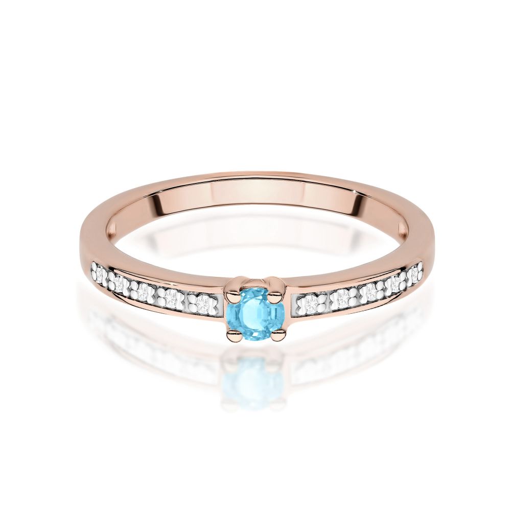 Pierścionek z topazem Swiss Blue 0,15 ct i brylantami, różowe złoto 585