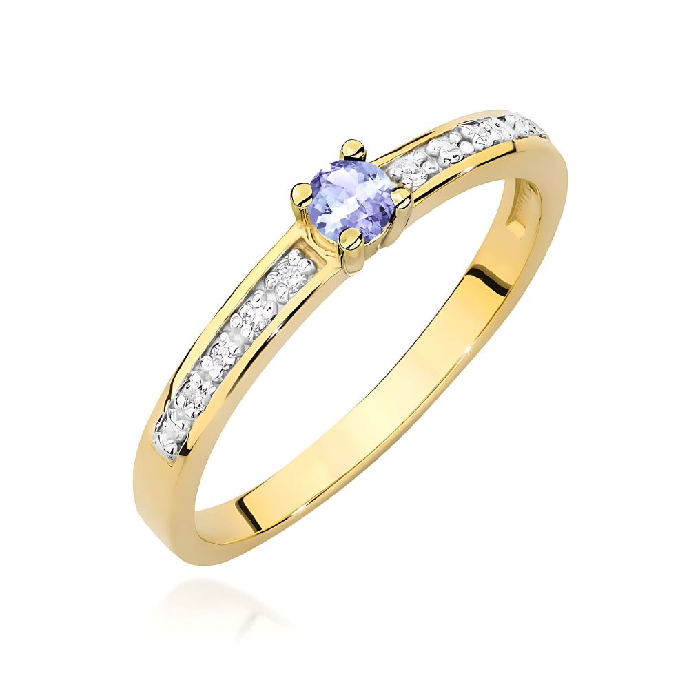 Pierścionek z tanzanitem 0,15 ct i brylantami, żółte złoto 585