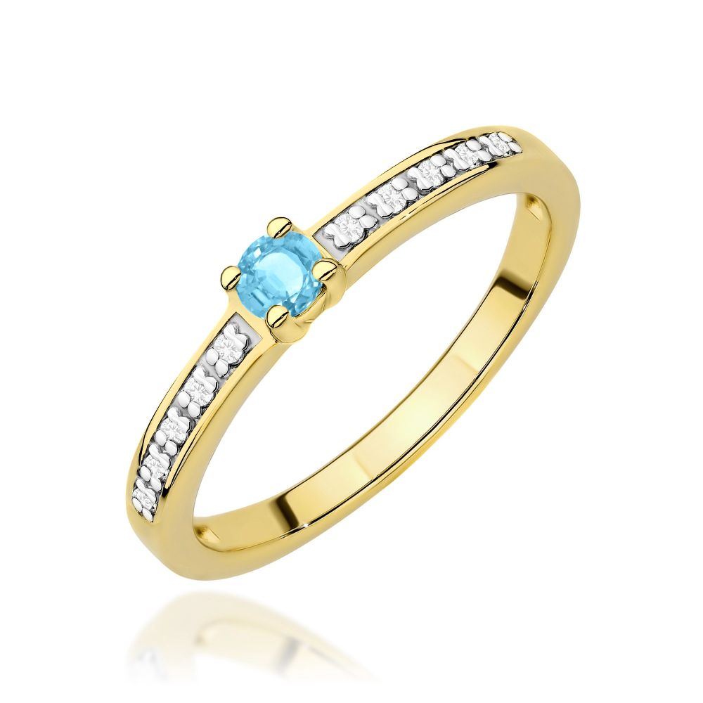 Pierścionek z topazem Swiss Blue 0,15 ct i brylantami, żółte złoto 585