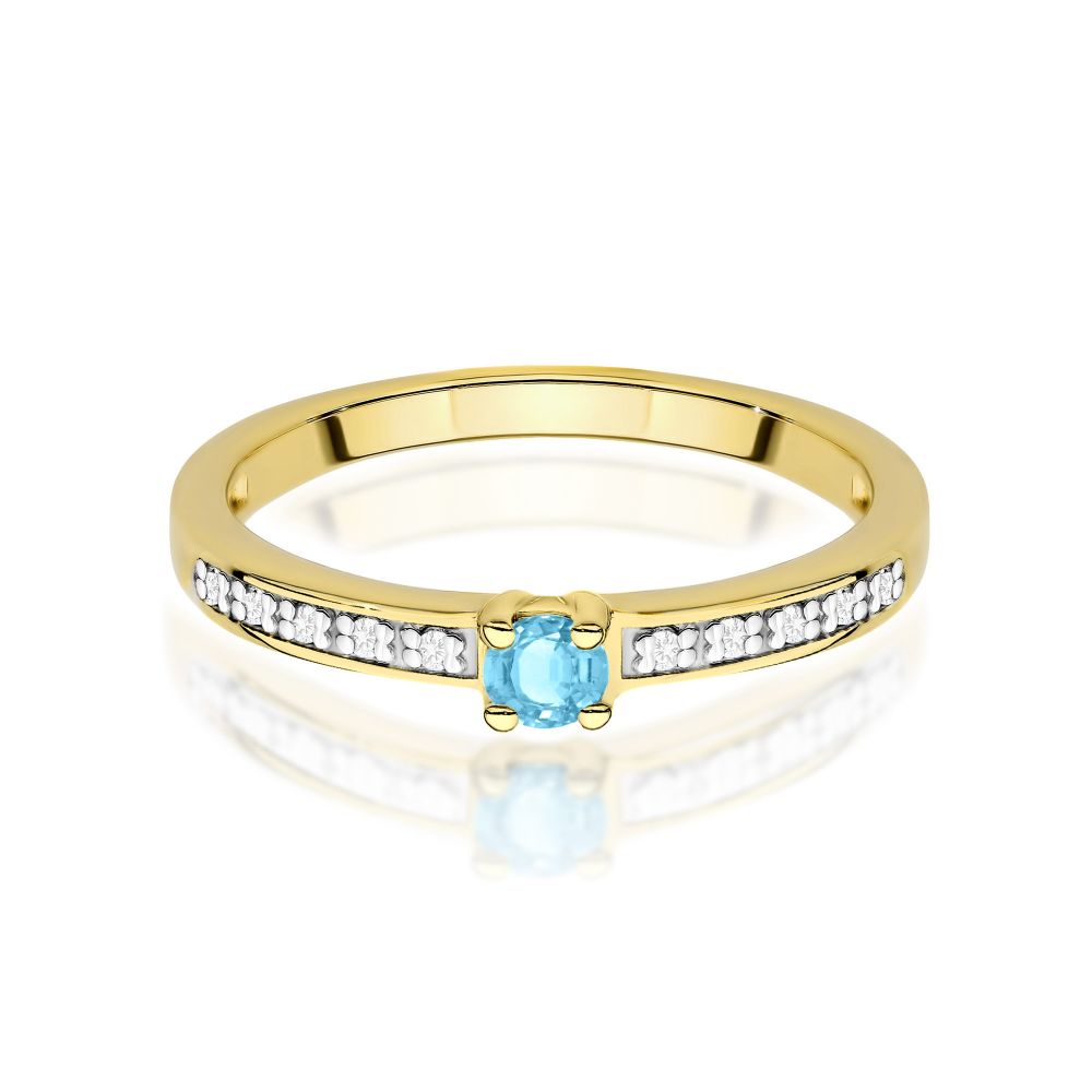 Pierścionek z topazem Swiss Blue 0,15 ct i brylantami, żółte złoto 585