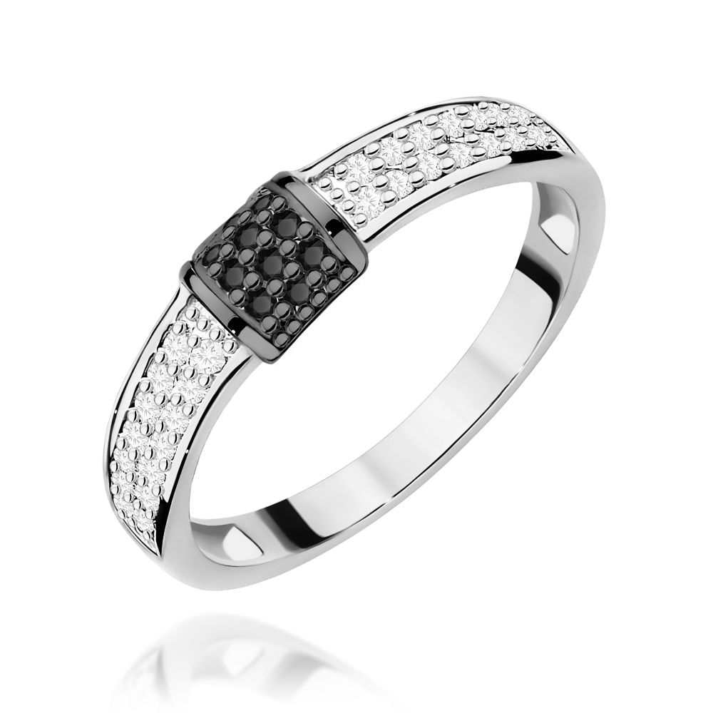 Pierścionek z brylantami i czarnymi diamentami 0,19 ct, białe złoto 585