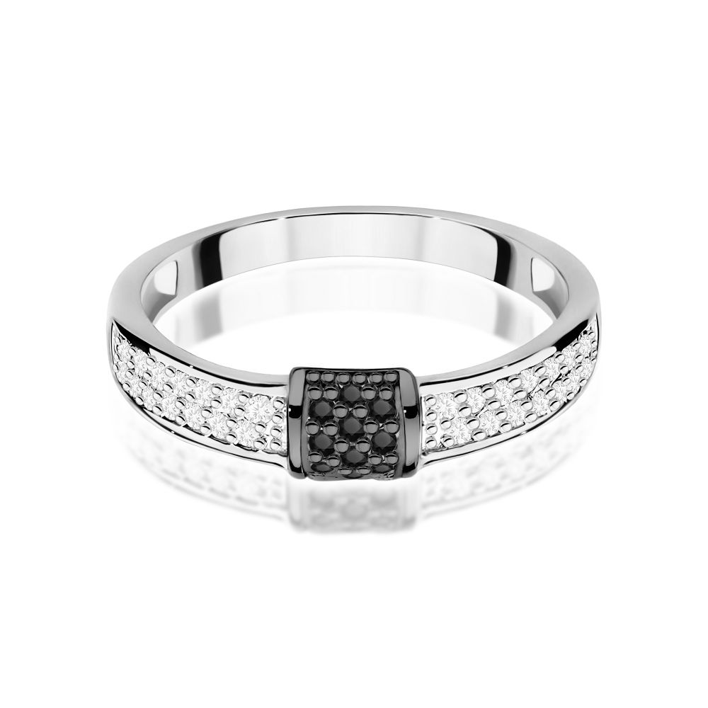 Pierścionek z brylantami i czarnymi diamentami 0,19 ct, białe złoto 585