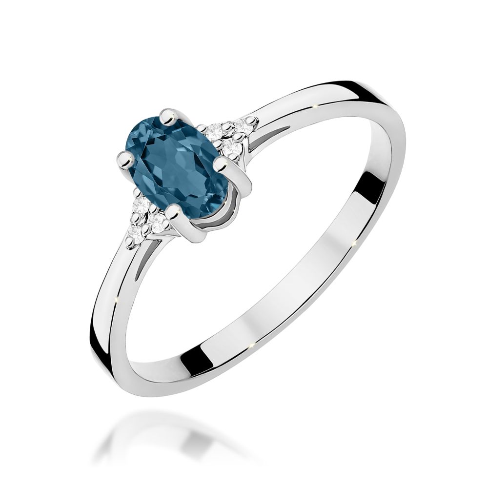 Pierścionek z topazem London Blue 0,50 ct i brylantami, białe złoto 585