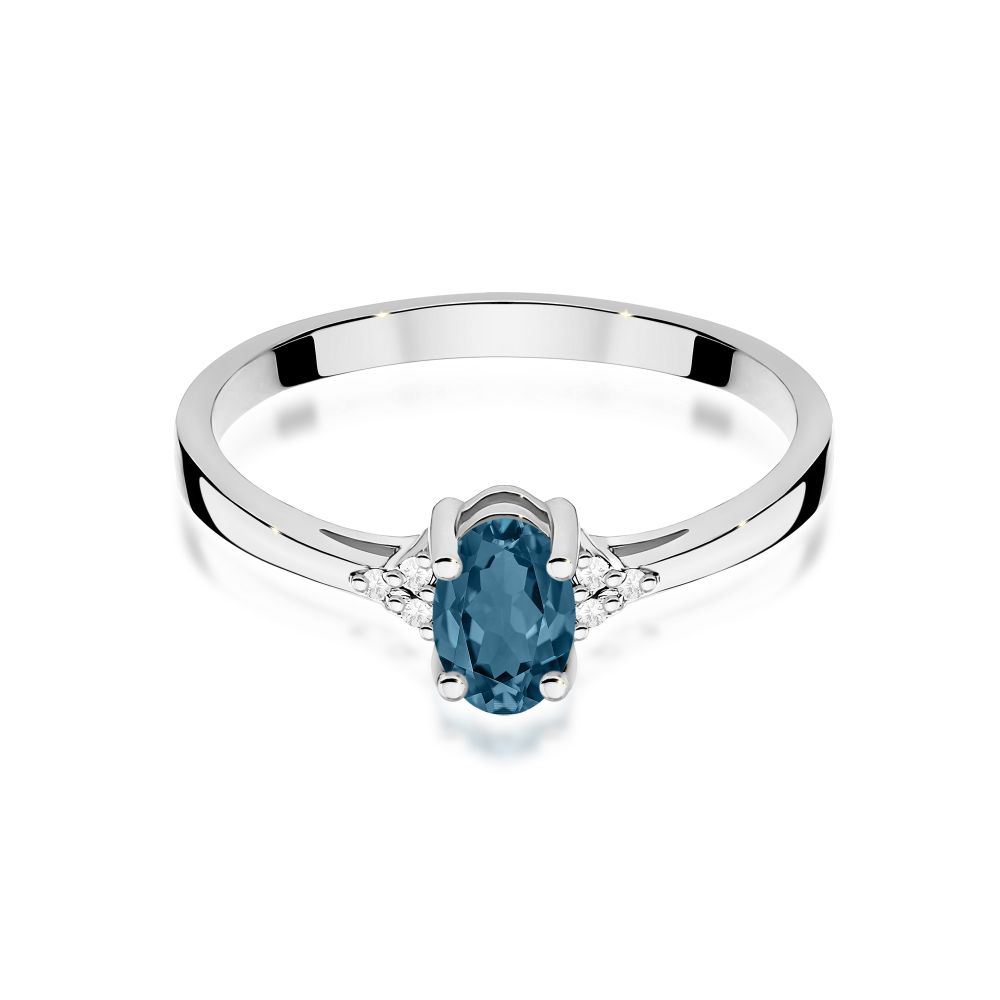 Pierścionek z topazem London Blue 0,50 ct i brylantami, białe złoto 585