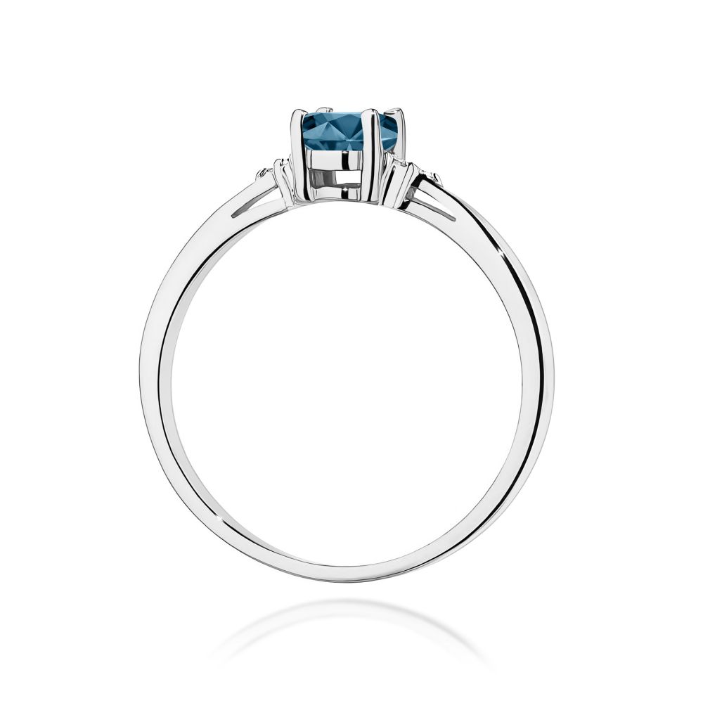 Pierścionek z topazem London Blue 0,50 ct i brylantami, białe złoto 585