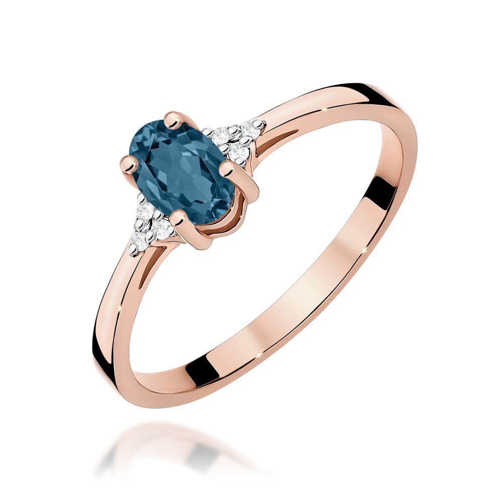 Pierścionek z topazem London Blue 0,50 ct i brylantami, różowe złoto 585