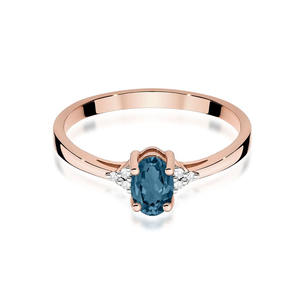 Pierścionek z topazem London Blue 0,50 ct i brylantami, różowe złoto 585