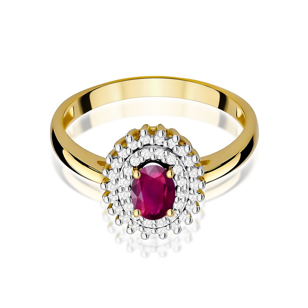Pierścionek z rodolitem 0,50 ct i brylantami, żółte złoto 585