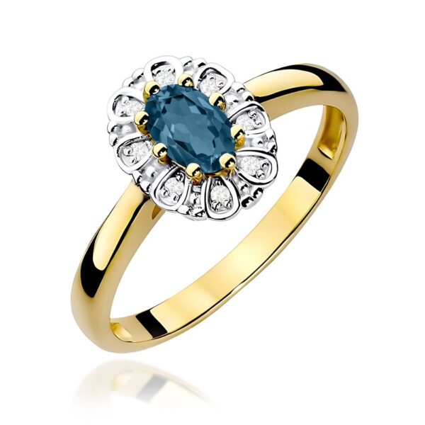 Pierścionek z topazem London Blue 0,50 ct i brylantami, żółte złoto 585