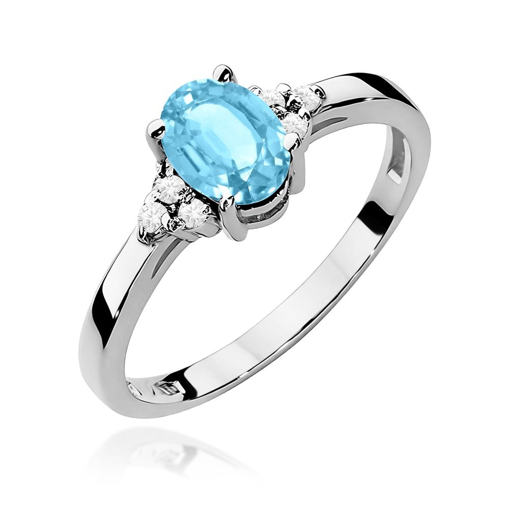 Pierścionek z topazem Swiss Blue 0,90 ct i brylantami, białe złoto 585