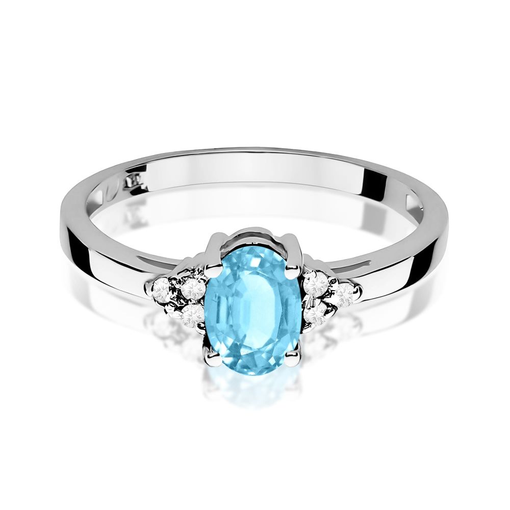 Pierścionek z topazem Swiss Blue 0,90 ct i brylantami, białe złoto 585