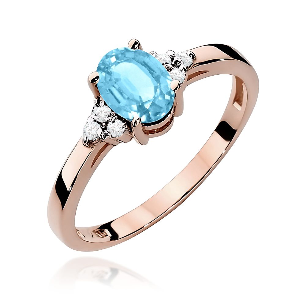 Pierścionek z topazem Swiss Blue 0,90 ct i brylantami, różowe złoto 585