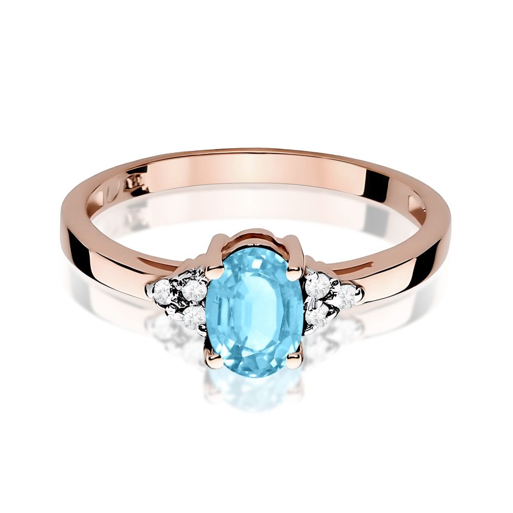 Pierścionek z topazem Swiss Blue 0,90 ct i brylantami, różowe złoto 585
