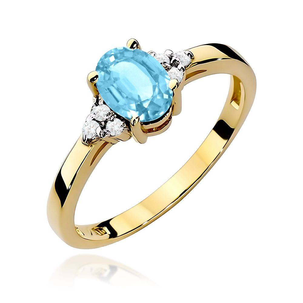 Pierścionek z topazem Swiss Blue 0,90 ct i brylantami, żółte złoto 585