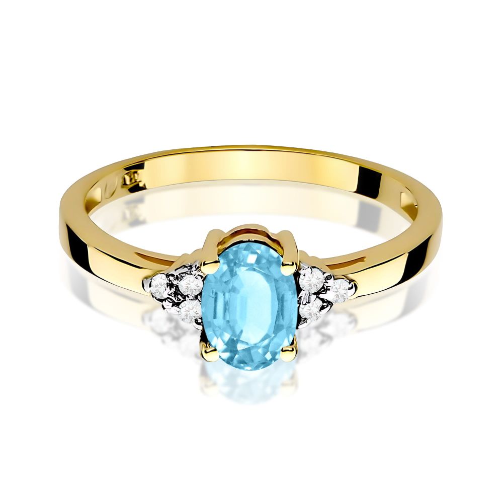 Pierścionek z topazem Swiss Blue 0,90 ct i brylantami, żółte złoto 585