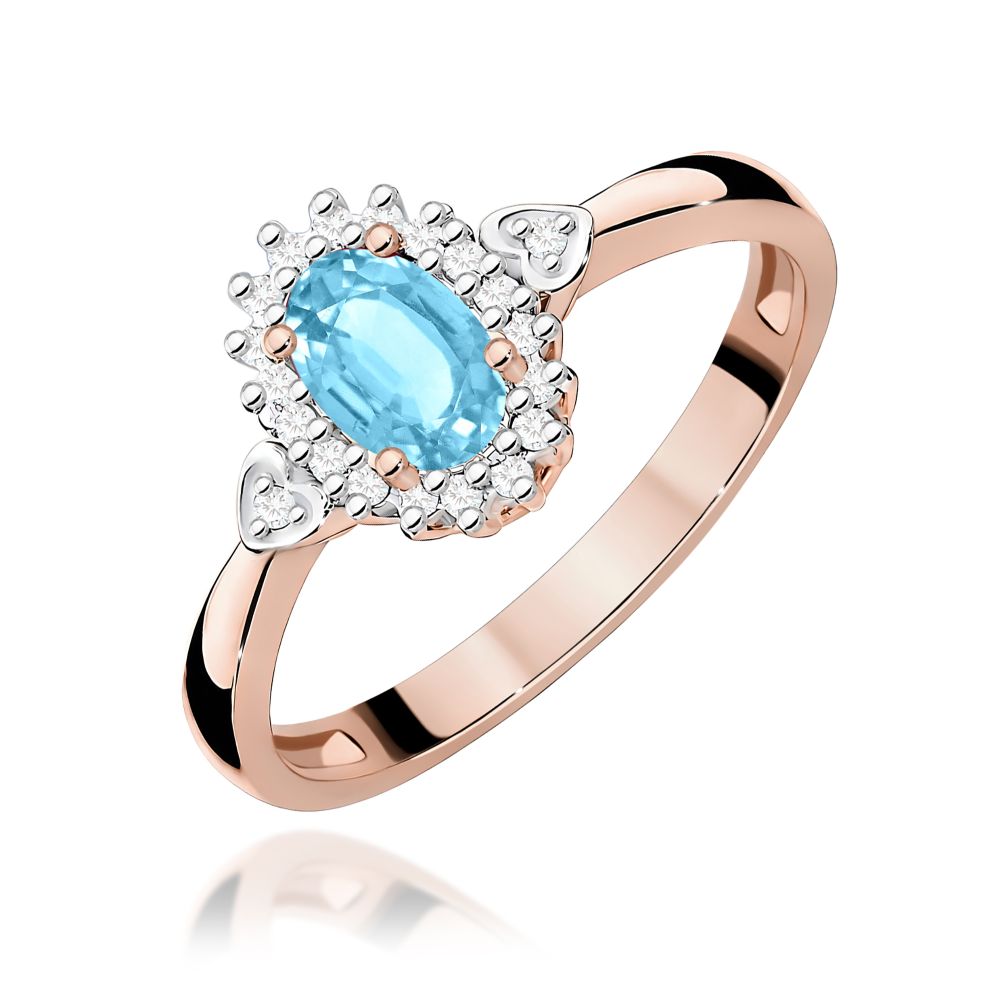 Pierścionek z topazem Swiss Blue 0,50 ct i brylantami, różowe złoto 585