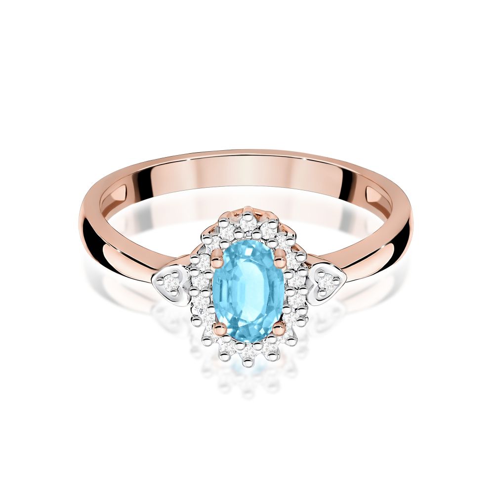 Pierścionek z topazem Swiss Blue 0,50 ct i brylantami, różowe złoto 585