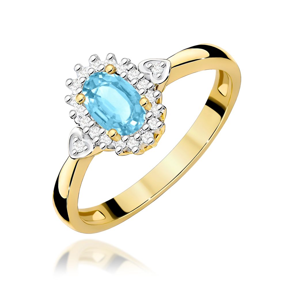 Pierścionek z topazem Swiss Blue 0,50 ct i brylantami, żółte złoto 585