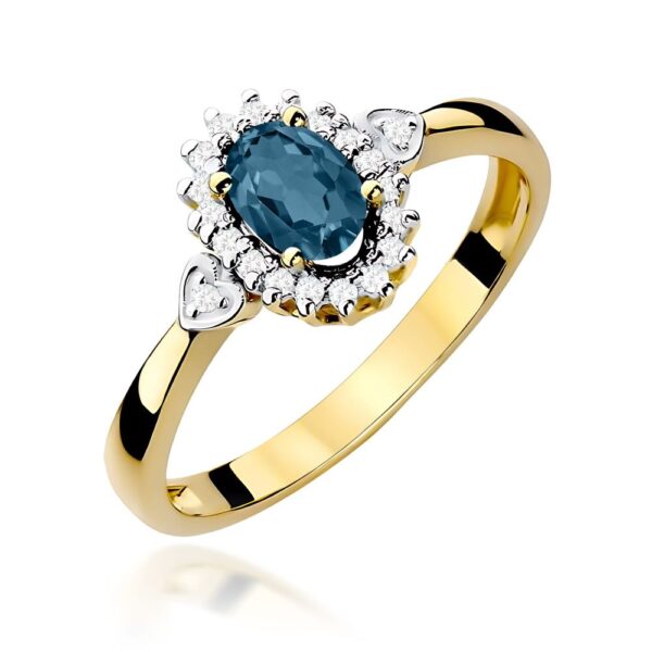 Pierścionek z topazem London Blue 0,50 ct i brylantami, żółte złoto 585