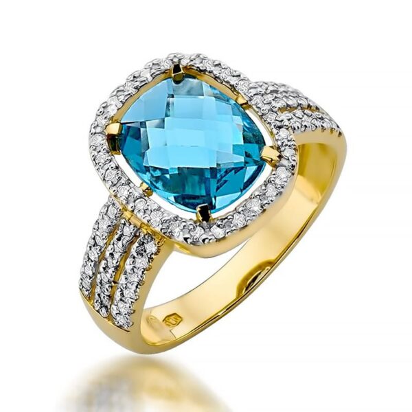 Pierścionek z topazem Swiss Blue 3,00 ct i brylantami, żółte złoto 585
