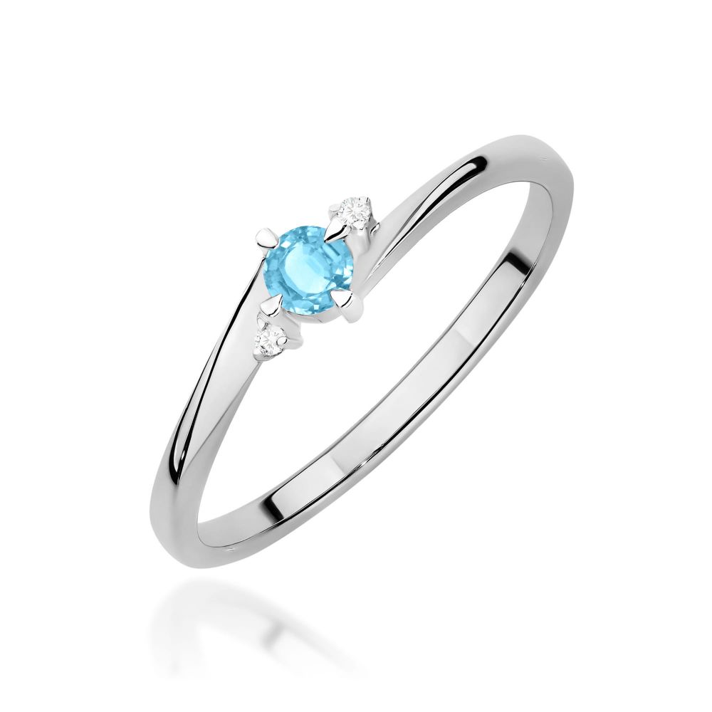 Pierścionek z topazem Swiss Blue 0,15 ct i brylantami, białe złoto 585