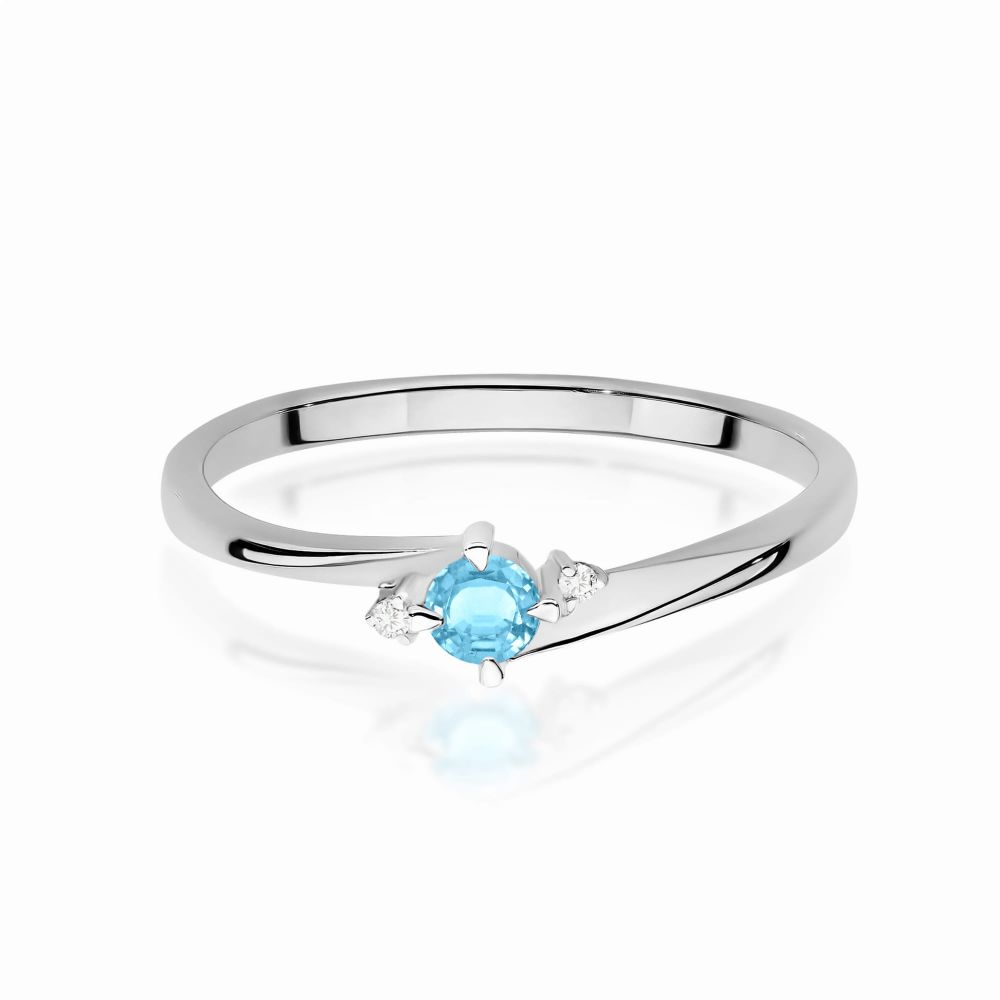 Pierścionek z topazem Swiss Blue 0,15 ct i brylantami, białe złoto 585
