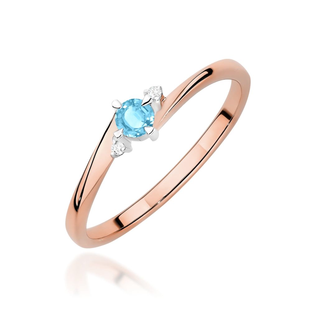 Pierścionek z topazem Swiss Blue 0,15 ct i brylantami, różowe złoto 585