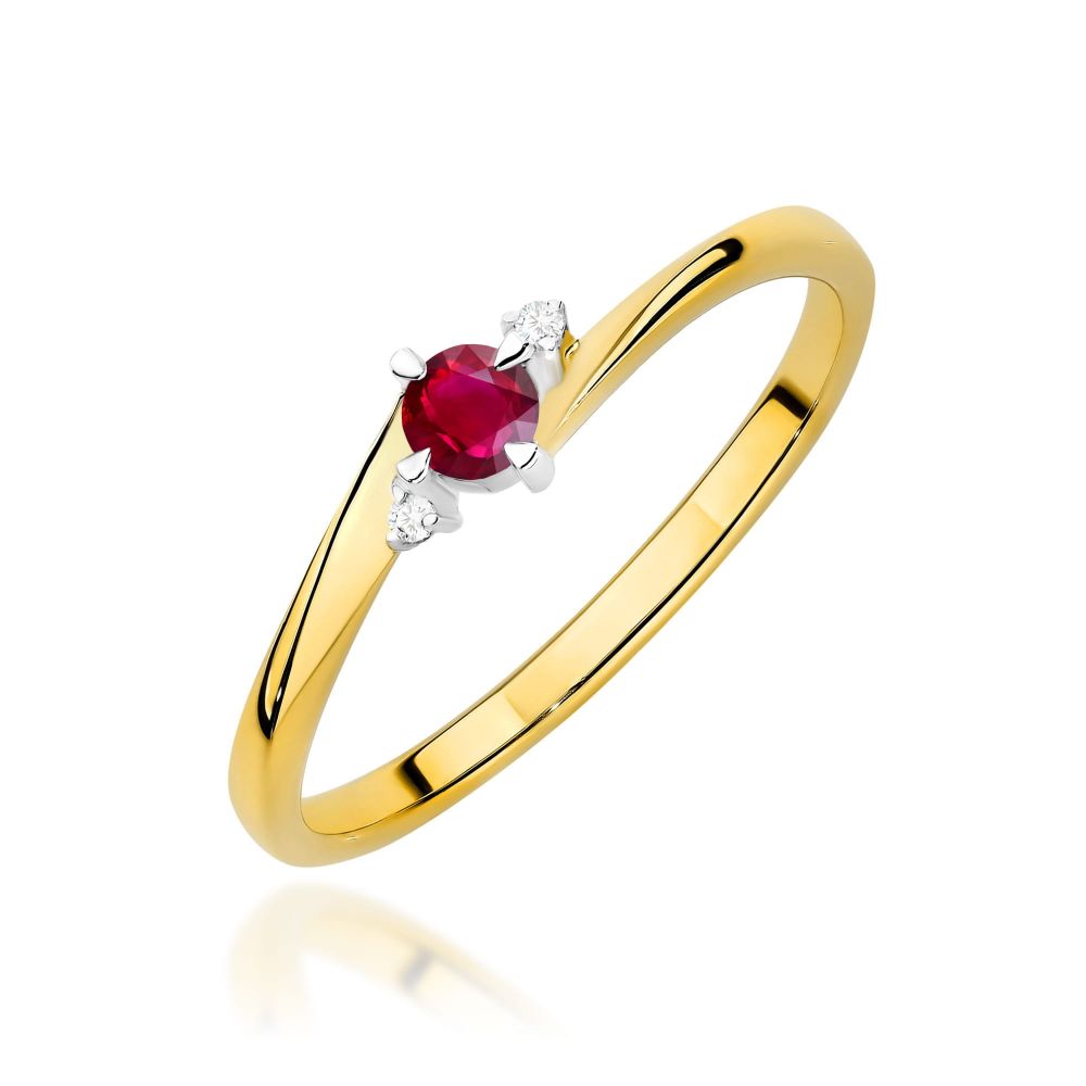 Pierścionek z rubinem 0,15 ct i brylantami, żółte złoto 585