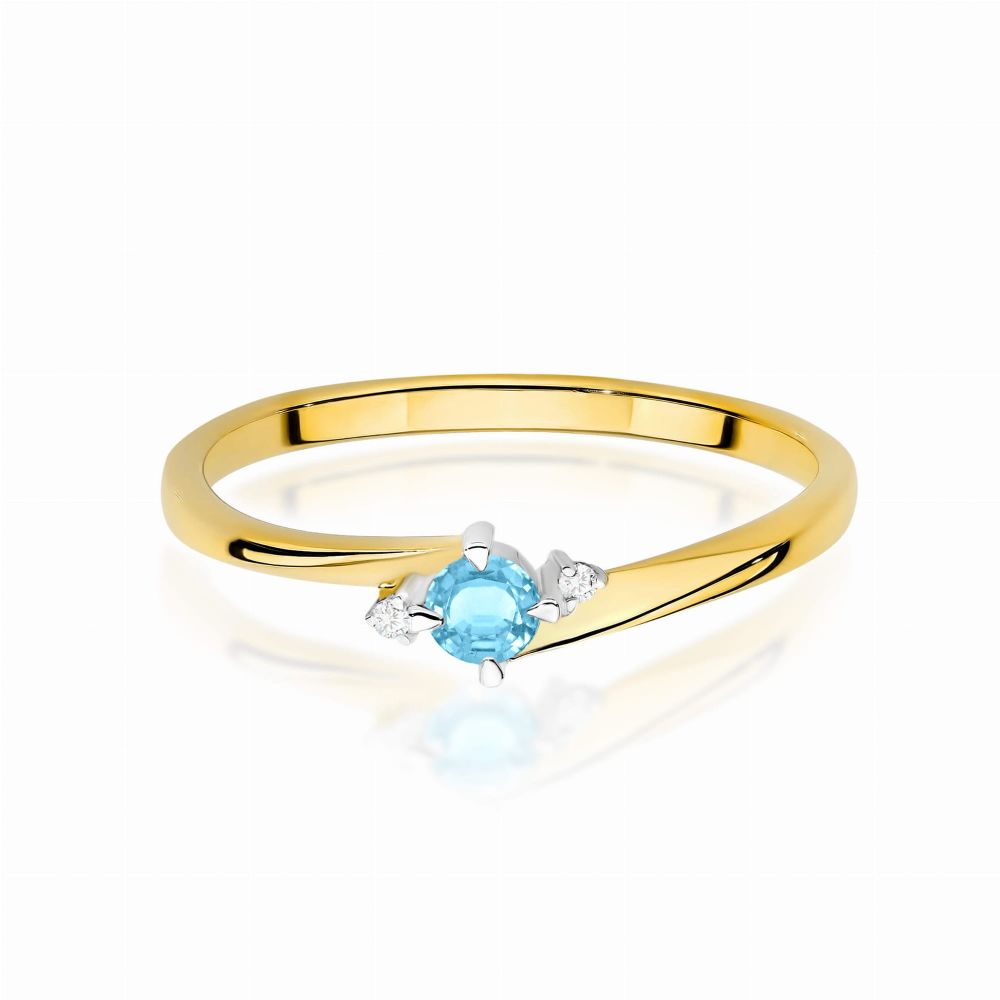 Pierścionek z topazem Swiss Blue 0,15 ct i brylantami, żółte złoto 585