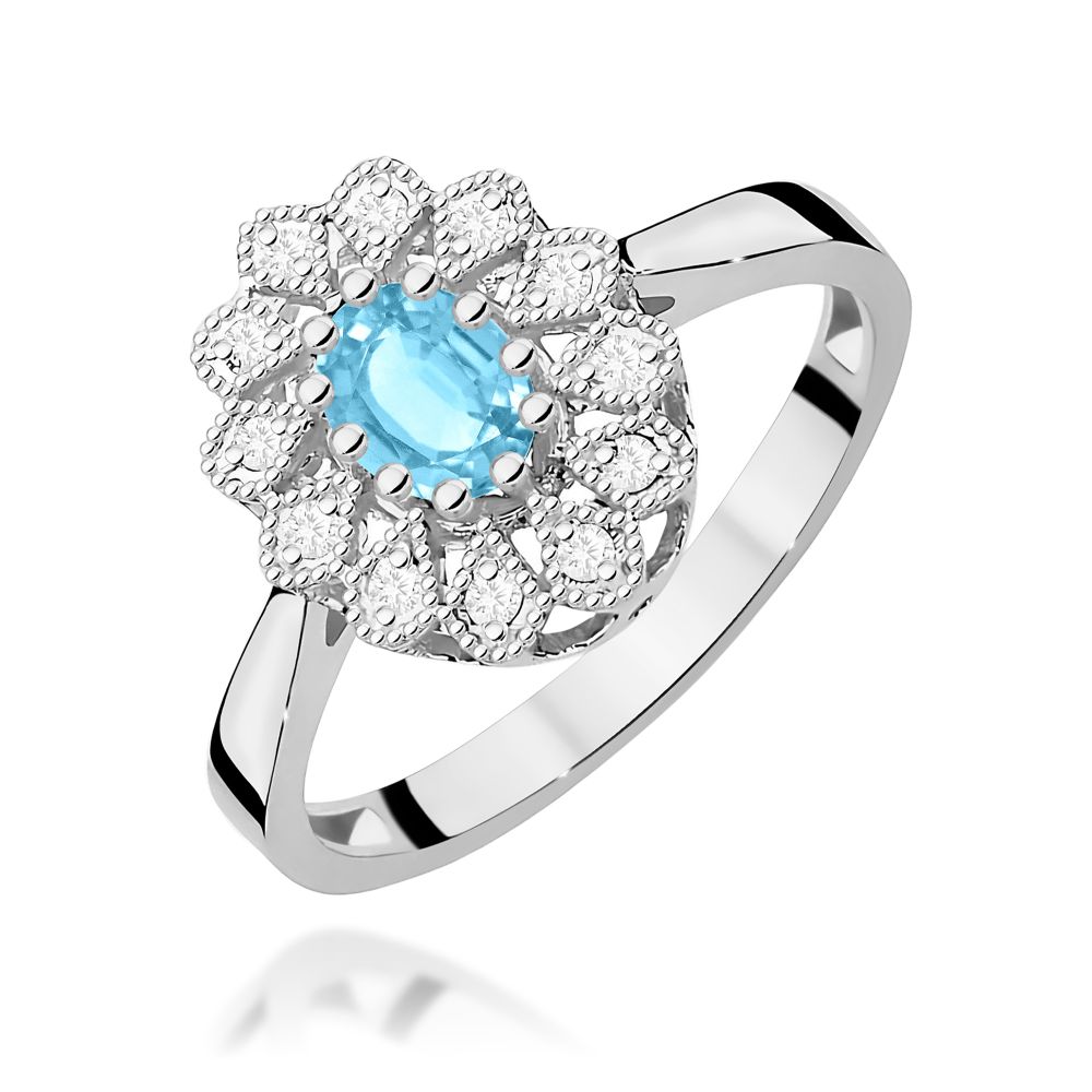 Pierścionek z topazem Swiss Blue 0,50 ct i brylantami, białe złoto 585