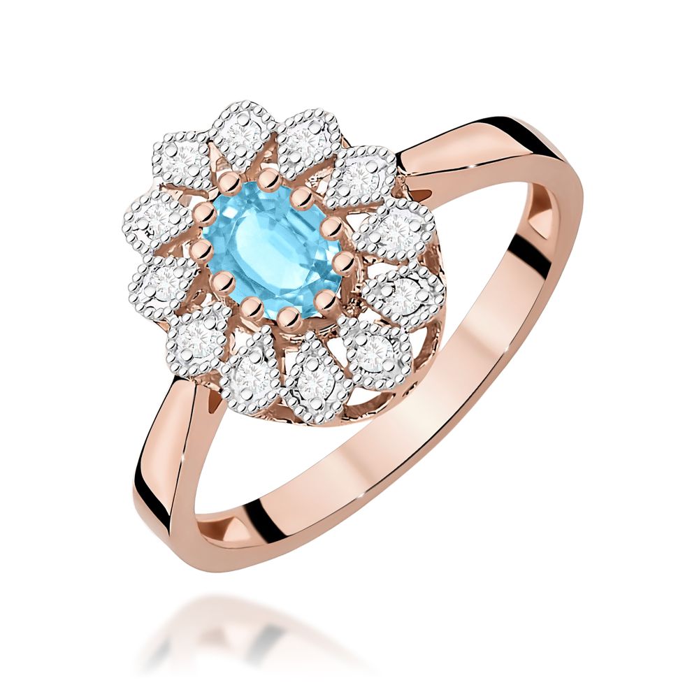 Pierścionek z topazem Swiss Blue 0,50 ct i brylantami, różowe złoto 585