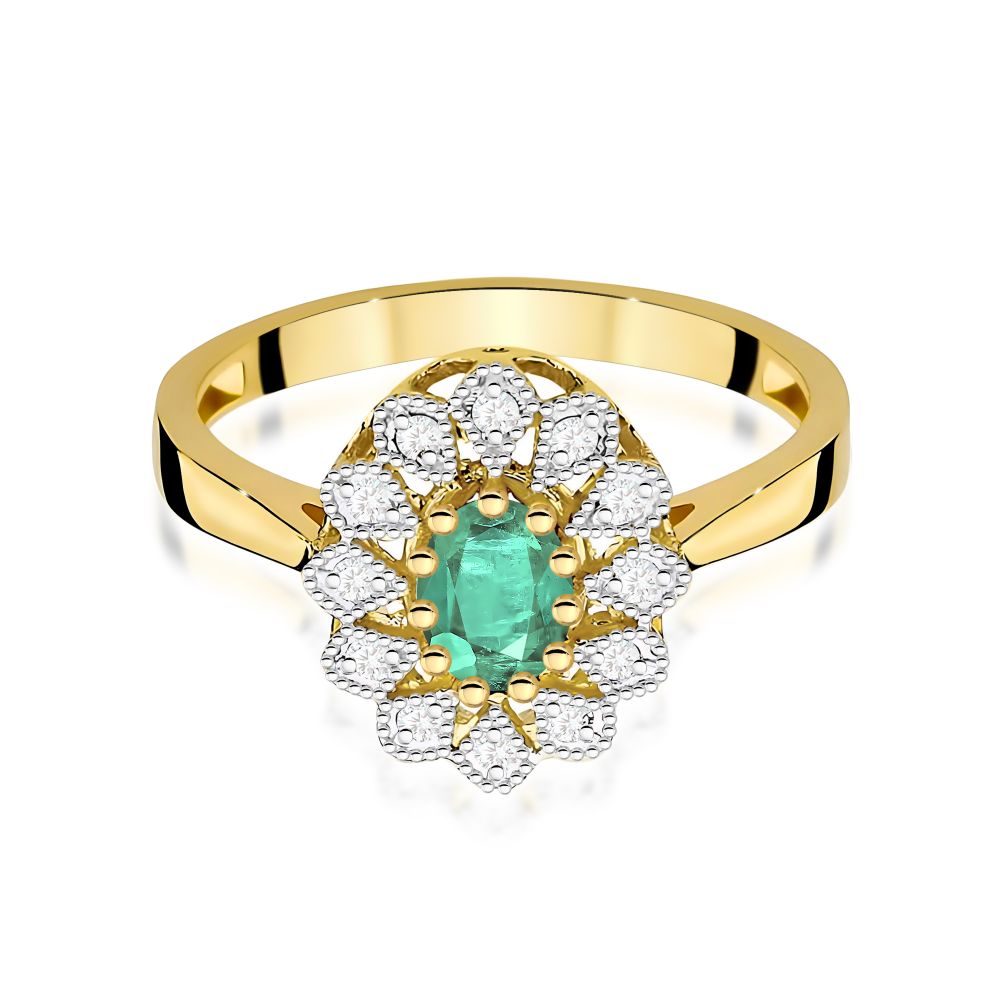 Pierścionek ze szmaragdem 0,40 ct i brylantami, żółte złoto 585