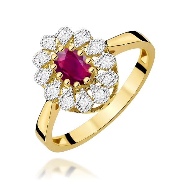 Pierścionek z rodolitem 0,50 ct i brylantami, żółte złoto 585