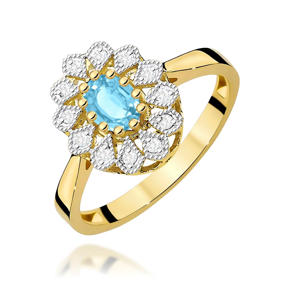 Pierścionek z topazem Swiss Blue 0,50 ct i brylantami, żółte złoto 585