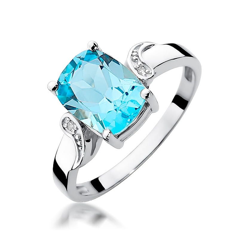 Pierścionek z topazem Swiss Blue 2,40 ct i brylantami, białe złoto 585
