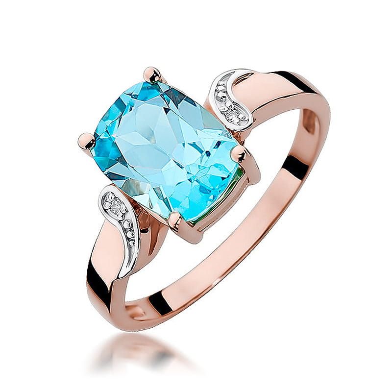 Pierścionek z topazem Swiss Blue 2,40 ct i brylantami, różowe złoto 585
