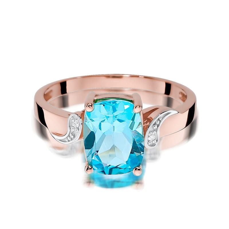 Pierścionek z topazem Swiss Blue 2,40 ct i brylantami, różowe złoto 585